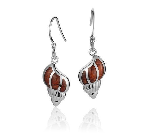 In this photo there is a pair of 925 sterling silver and koa wood seashell hook earrings.