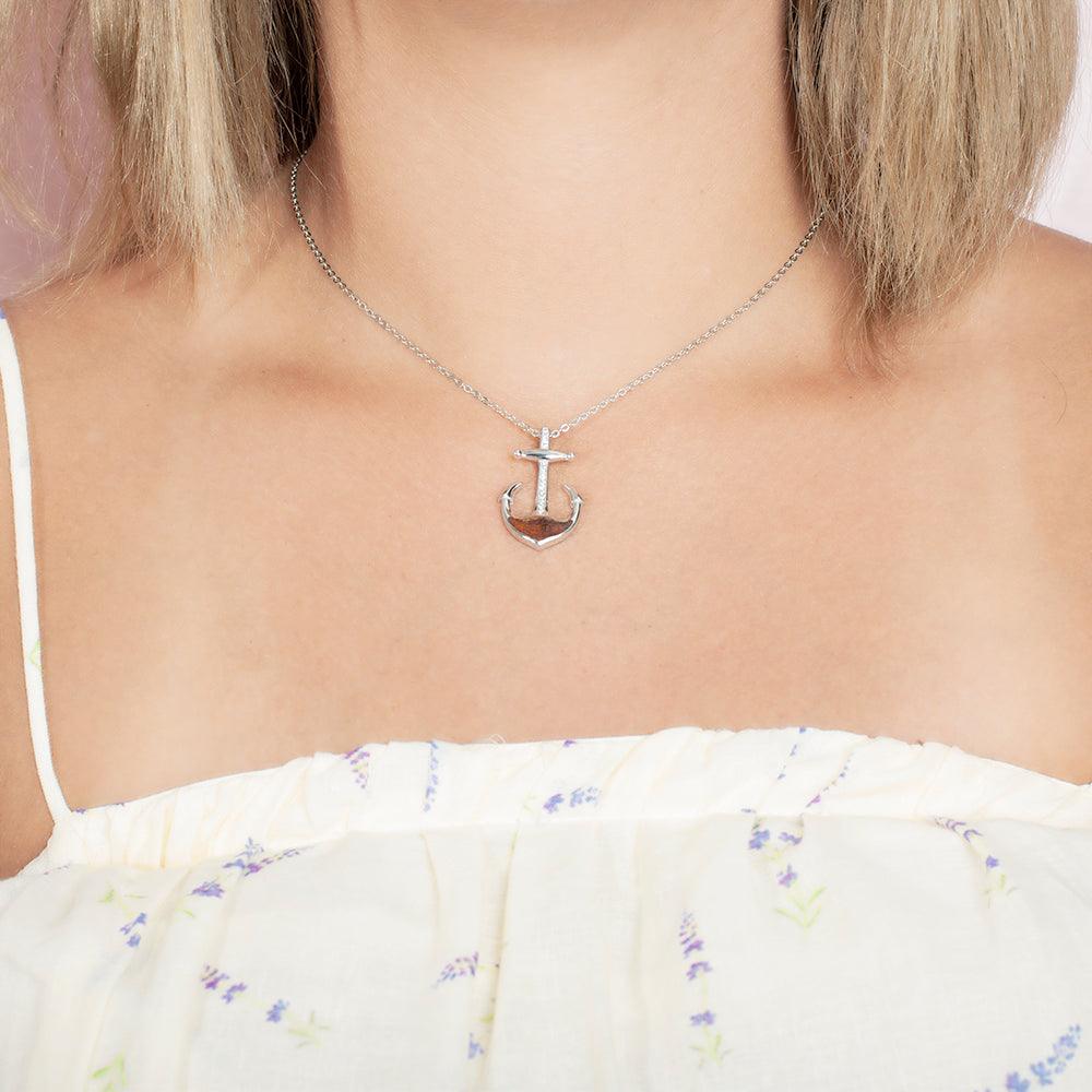 Sterling Silver and Wood Anchor Pendant with White Topaz