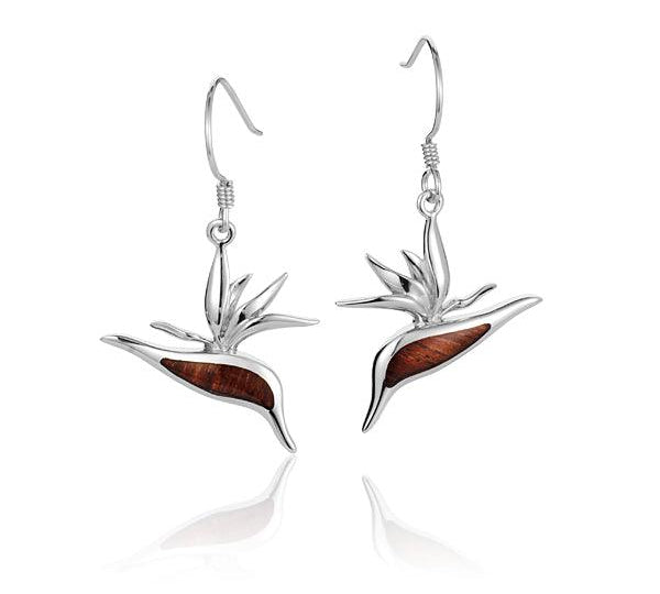 Sterling Silver and Wood Bird of Paradise Flower Hook Earrings 