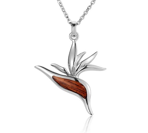 Sterling Silver and Wood Bird of Paradise Flower Pendant 