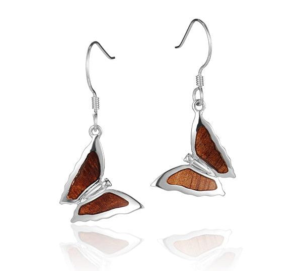 Sterling Silver and Wood Butterfly Hook Earrings 