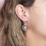 Sterling Silver and Wood Compass, hook Earrings with White Topaz in the center