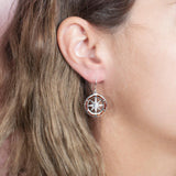 Sterling Silver and Wood Compass, hook Earrings with White Topaz in the center