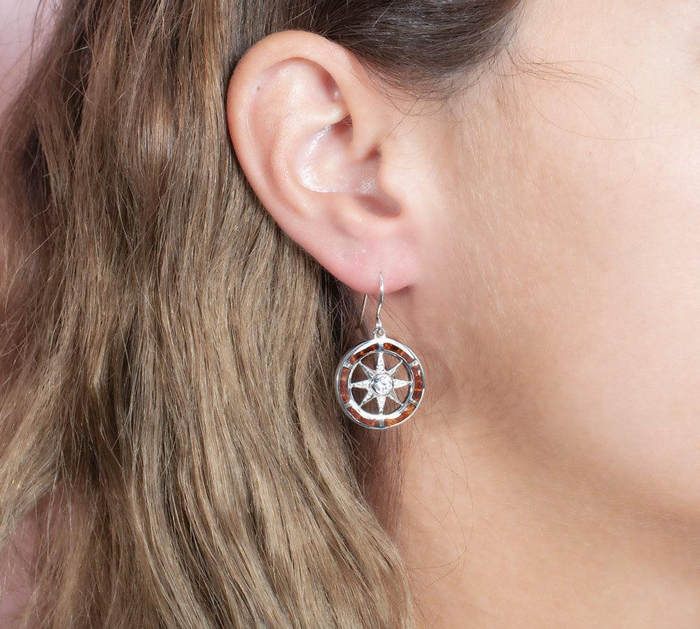 Sterling Silver and Wood Compass, hook Earrings with White Topaz in the center