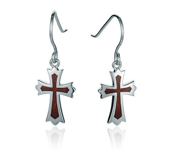 Sterling Silver and Wood Cross Hook Earrings 