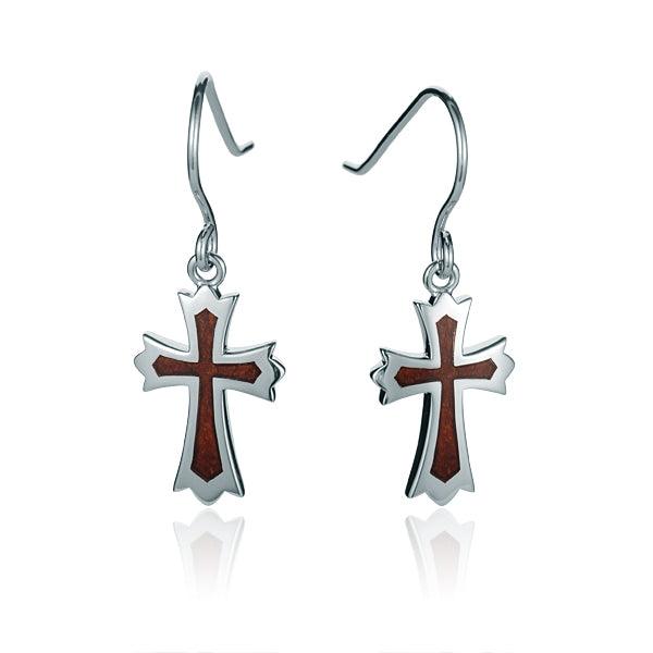 Sterling Silver and Wood Cross Hook Earrings 