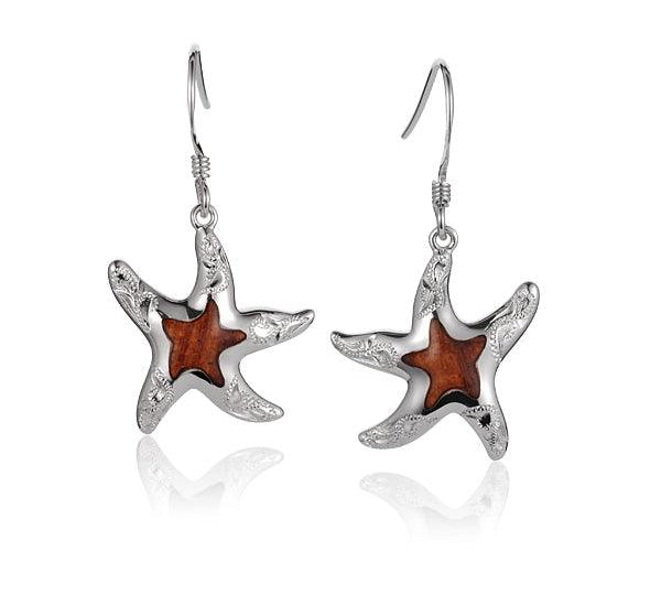 Sterling Silver and Wood Starfish Hook Earrings 