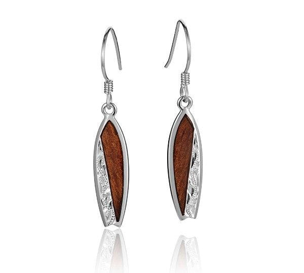 Sterling Silver and Wood Engraved Surfboard Hook Earrings