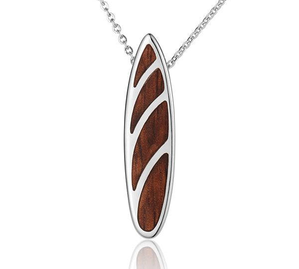 Sterling Silver and Wood Hawaiian Striped Surfboard Pendant 