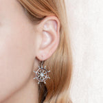 Sterling Silver and Wood Helm, hook Earrings, with White Topaz  in the center 