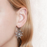 Sterling Silver and Wood Helm, hook Earrings, with White Topaz  in the center 