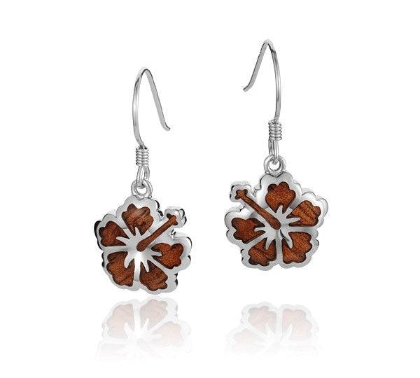 Sterling Silver and Wood Hibiscus Hook Earrings