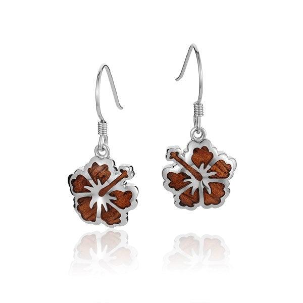 Sterling Silver and Wood Hibiscus Hook Earrings