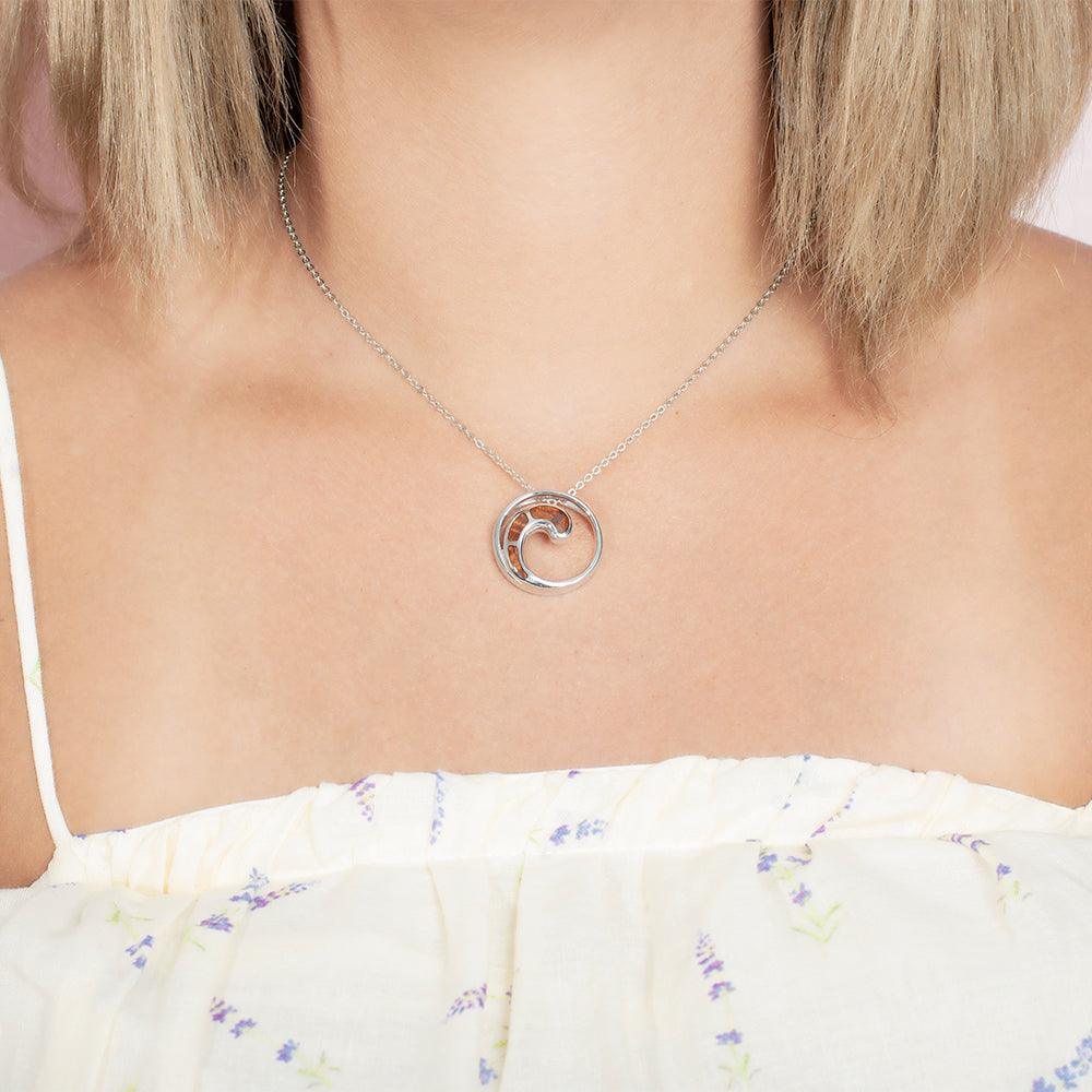 Sterling Silver and Wood Wave within a Circle Pendant 