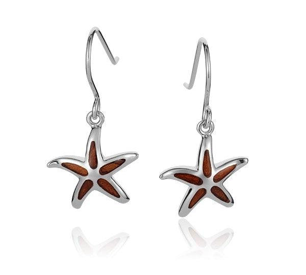 Sterling Silver and Wood Star Fish Hook Earrings 