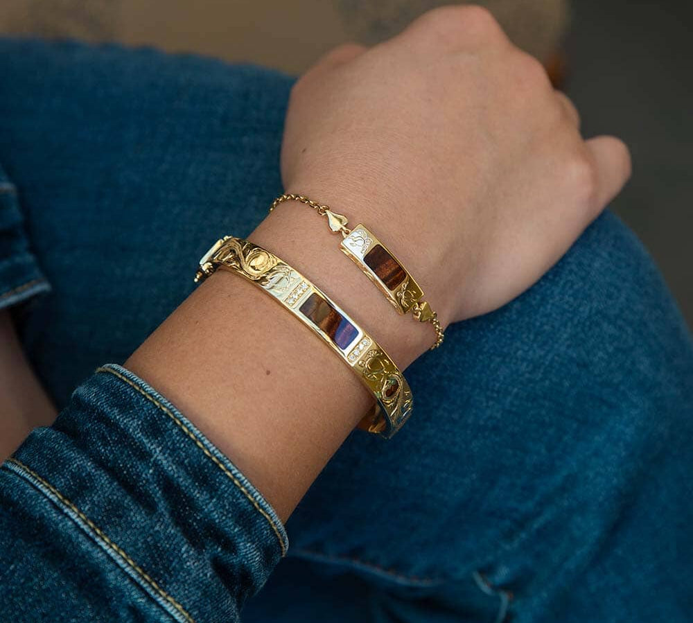 14K gold Honu bar bangle, with rare Koa wood and white topaz. 
