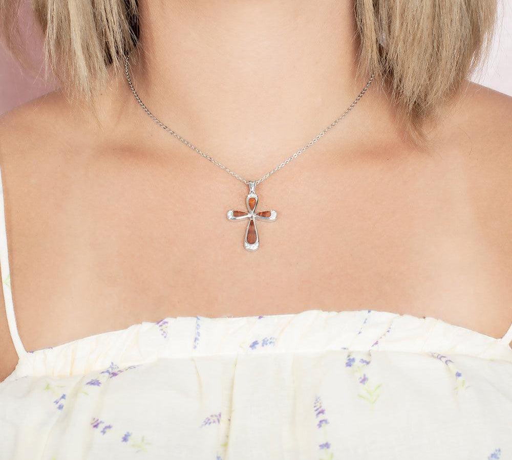 Sterling Silver and Wood Cross Pendant with White Topaz 