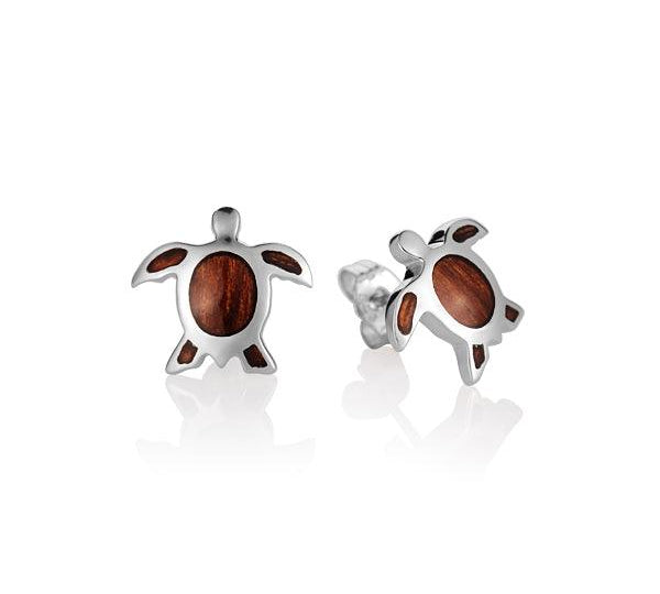 Sterling Silver and Wood Sea Turtle Stud Earrings 