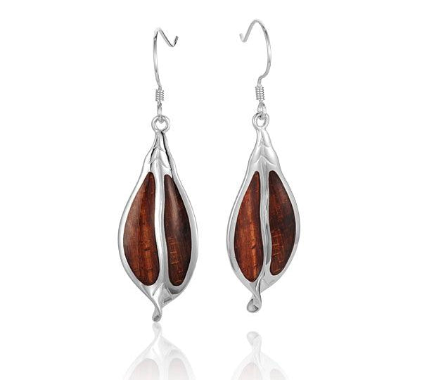 Sterling Silver and Wood Leaf Hook Earrings 