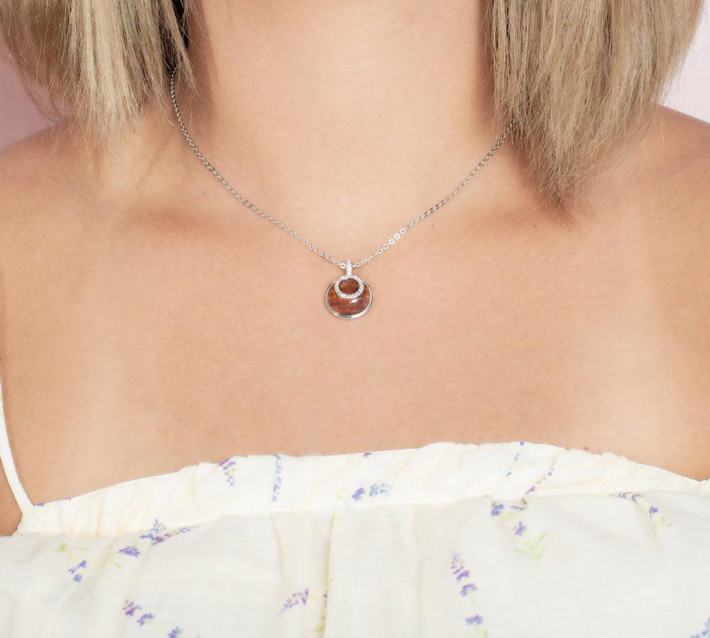Sterling Silver and Wood Circle within a circle Pendant with White Topaz
