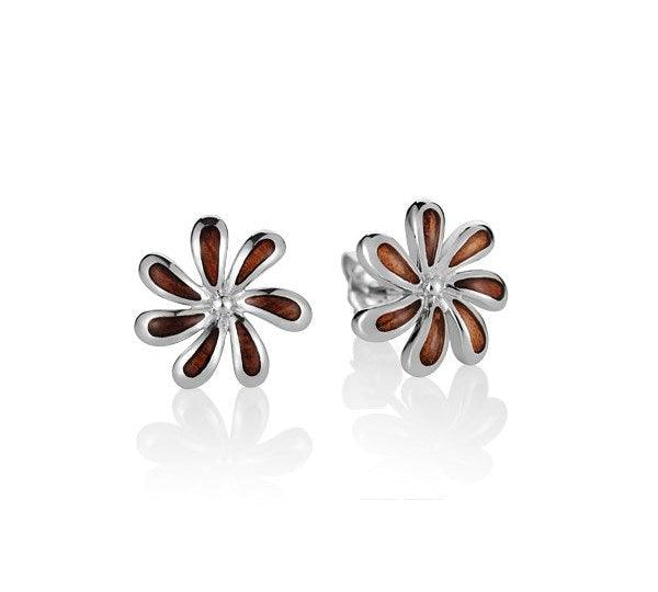 Sterling Silver and Wood Tiare Flower Stud Earrings 