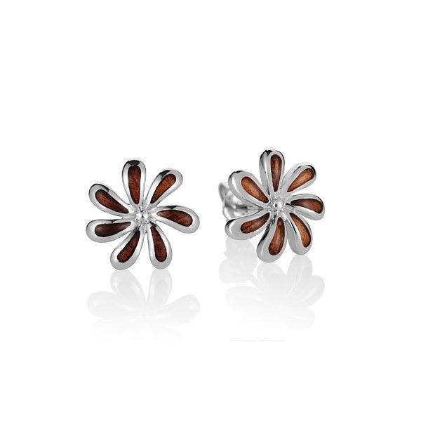 Sterling Silver and Wood Tiare Flower Stud Earrings 