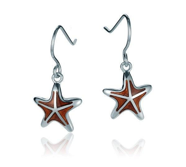 Sterling Silver and Wood Sea Star Hook Earrings  