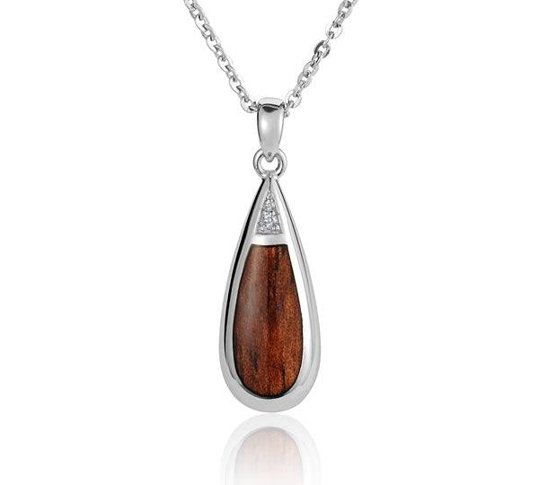 Sterling Silver and Wood Teardrop Pendant with White Topaz 