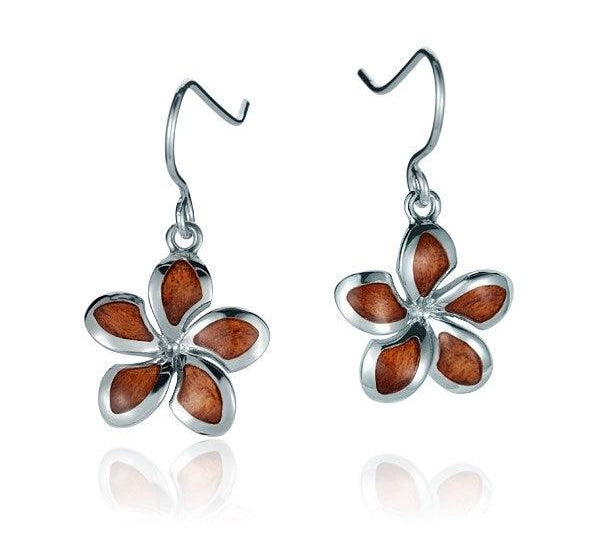Sterling Silver and Wood Plumeria Flower Hook Earrings  