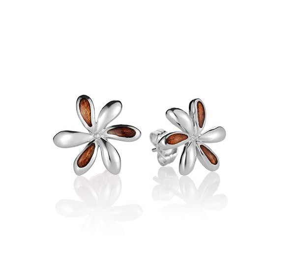 Sterling Silver and Wood Tiare Flower Stud Earrings 