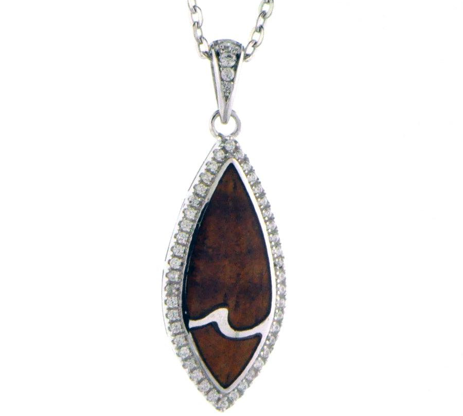 Sterling Silver and Wood Wave Mandorla Pendant with White Topaz