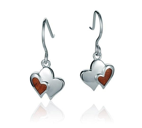 Sterling Silver and Wood Double Heart Hook Earrings 