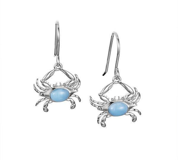 The picture shows a pair of 925 sterling silver larimar blue crab earrings.