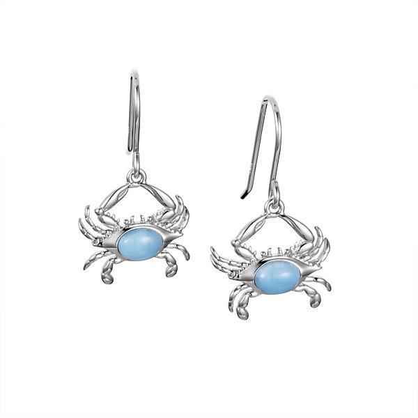 The picture shows a pair of 925 sterling silver larimar blue crab earrings.