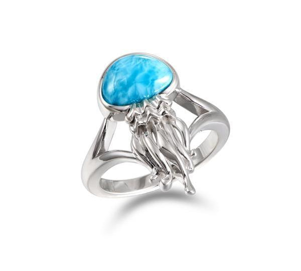 The picture shows a 925 sterling silver larimar jellyfish ring.