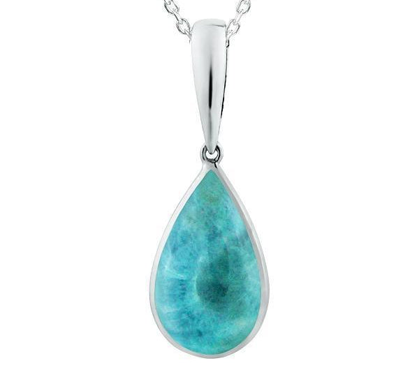 The picture shows a 925 sterling silver larimar teardrop pendant.