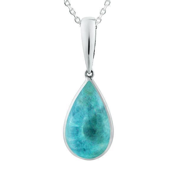 The picture shows a 925 sterling silver larimar teardrop pendant.