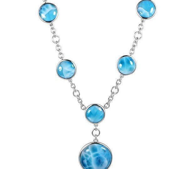 The picture shows a 925 sterling silver larimar circle charm necklace.