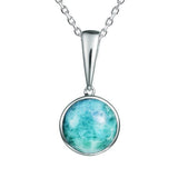 The picture shows a 925 sterling silver larimar circle pendant.