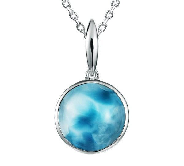 The picture shows a 925 sterling silver larimar circle pendant.