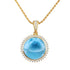 The picture shows a 14K yellow gold larimar circle pendant with diamonds.