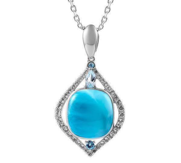 The picture shows a 925 sterling silver larimar mandorla pendant.