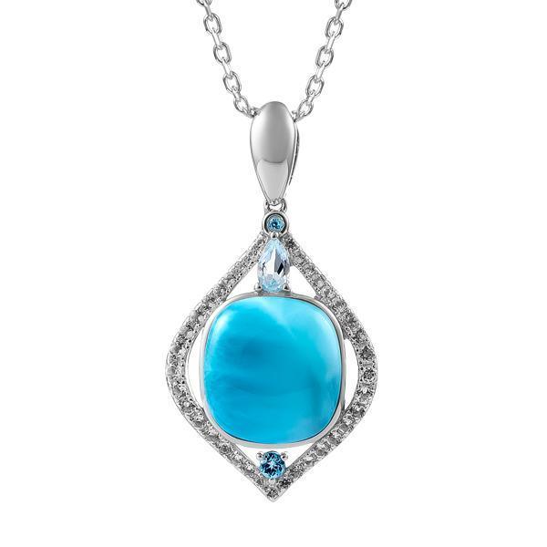 The picture shows a 925 sterling silver larimar mandorla pendant.