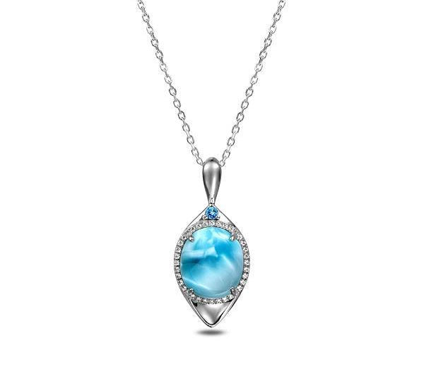 The picture shows a 925 sterling silver larimar eye of the storm pendant.