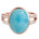 The picture shows a 14K rose gold larimar cocktail ring with a split band lined with diamonds and topaz gemstones