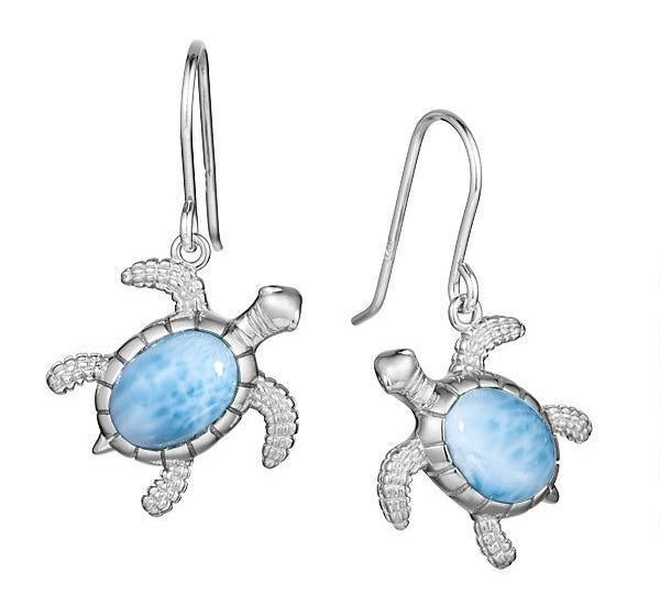 The picture shows a pair of 925 sterling silver larimar turtle hook earrings.