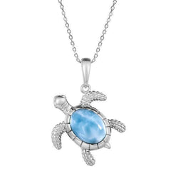 The picture shows a 925 sterling silver larimar sea turtle pendant.