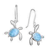 The picture shows a pair of 925 sterling silver larimar sea turtle earrings.