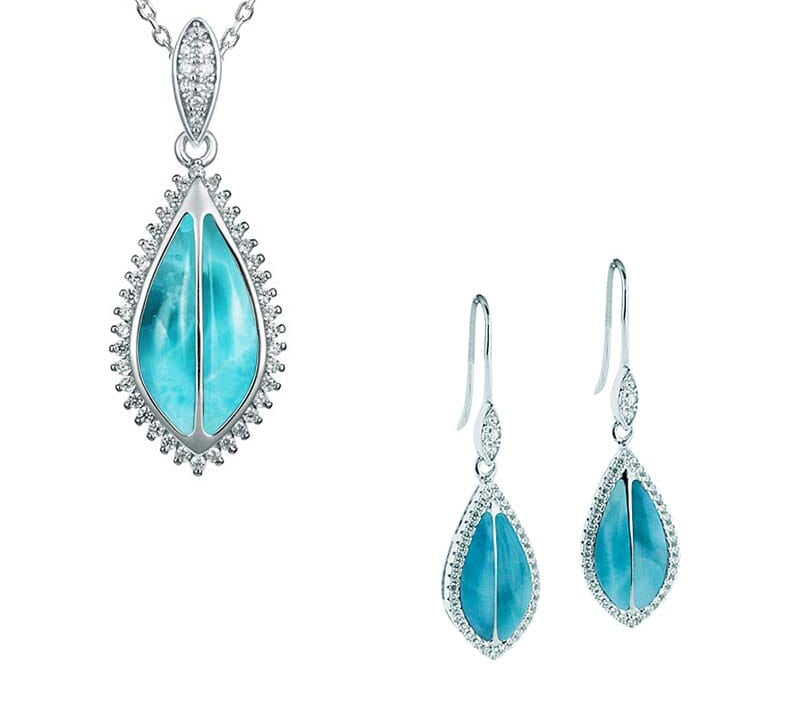 Larimar Hawaiian Ti Leaf Pendant & Earrings Set Other Island by Koa Nani 