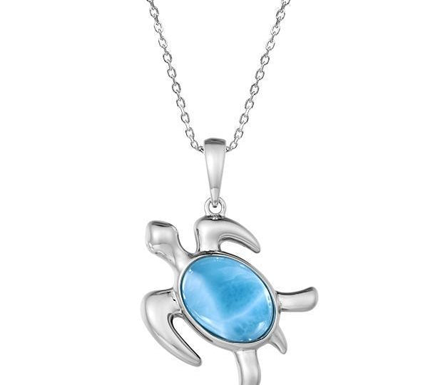 The picture shows a 925 sterling silver larimar sea turtle pendant.